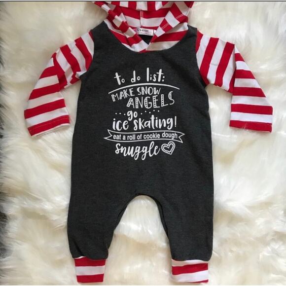 Gender Neutral "To Do List" Baby Christmas Long Sleeved Hooded Romper - Picture 2 of 3
